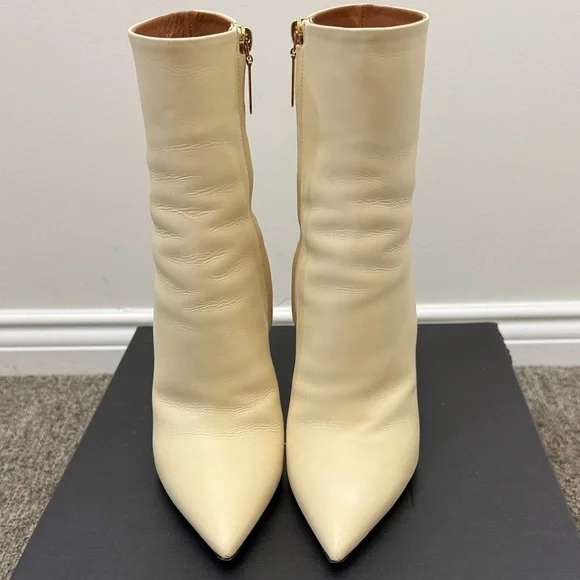 Saint Laurent Cream Leather Opyum Logo Heel Ankle Boots - Picture 2 of 9